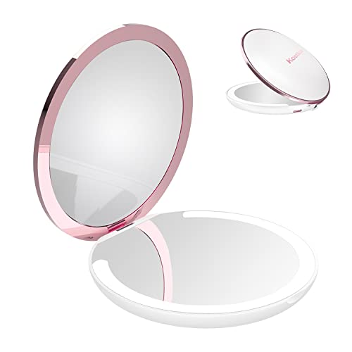 Kostlich Compact Makeup Mirror with Dimmable LED Lights, 1x/7x Magnifying, Rechargeable 127mm Wide Portable Travel Mirror for Handbag Purse, Whit