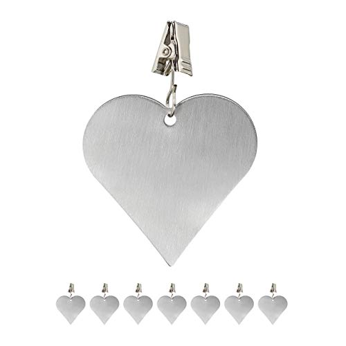 Relaxdays Tablecloth Weights, Pack of 8 Clips, Curtain Clamps, in-& Outdoors, Stainless Steel, Heart, Silver