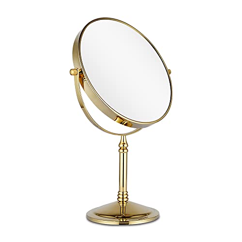DOWRY 1x/10x Magnifying Mirror on Stand - Gold Table Mirror - Shaving Mirrors Free Standing - Bathroom Makeup Mirror on Stand - 360 ° Rotatable D