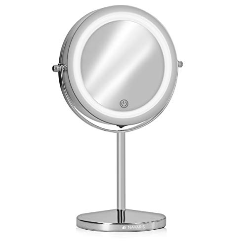 Navaris LED Illuminated Makeup Mirror - Two-Sided Vanity Mirror with Normal and 5x Magnification - 360° Cosmetic Mirror with Touch Screen - Silve