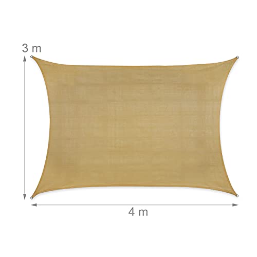 Relaxdays Rectangular Sun Shade Sail 3 x 4 m HDPE Fabric UV Stabilised Concave Sun Shade with Guy Ropes Sand