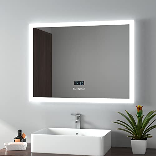 EMKE 450 X 600 mm Backlit Illuminated Bluetooth Bathroom Mirror with Shaver Socket, Wall Mounted Multifunction Bathroom Vanity Mirror with LED Li