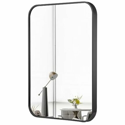 Wall-Mounted Bathroom-Mirror for Over Sink,Black Framed Lightweight Aluminum Alloy Vanity Mirrors - Round Horn Rectangle Makeup Mirror,Large Show