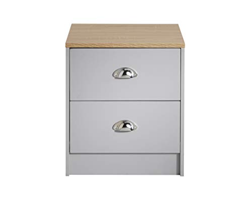 House & Homestyle Linwood 2 Drawer Bedside Table with Chrome Cup Handles - Grey and Oak Effect - H 45cm x W 40cm x D 40cm