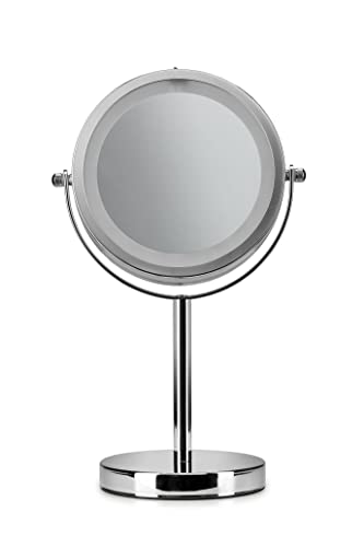 Croydex Chrome Illuminated Battery Operated Pedestal Mirror with 3x magnifying, H:30cm x W:12cm x D:18cm, MM703000E