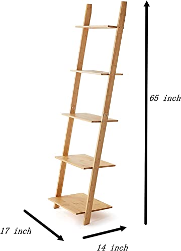 Venloup Ladder Shelf 5-Tier Bookshelf –Bamboo Storage Rack Shelves Wall Leaning Shelf Unit,FreeStanding Plant Flower Stand, Corner Display Bookca