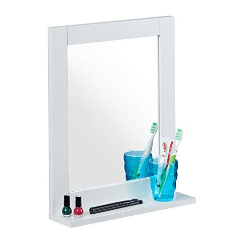 Relaxdays Wall Mirror with Shelf, Bathroom, Living Room, Hallway, Modern, MDF, Bathroom Mirror, H x W x D: 40 x 10 cm, White