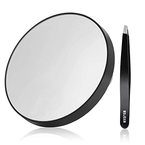 MUJGAN Magnifying Mirror and Tweezers Kit, 10X Magnifier Compact Mirrors with Suction Cups, Travel Mirror for Makeup, Eyebrow Tweezing, Blackhead