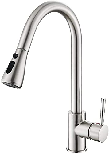 Heable Kitchen Sink Mixer Tap with Pull Down Sprayer Chrome, Single Handle High Arc Pull Out Kitchen Taps, Single Level Solid Brass Kitchen Fauce