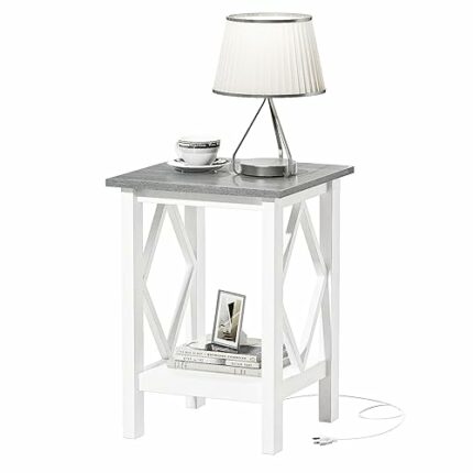 3imothrix End Table with Charging Station, Side Table with USB Ports and Outlets, Nightstand, 2 Tier End Table with Storage Shelf for Living Room