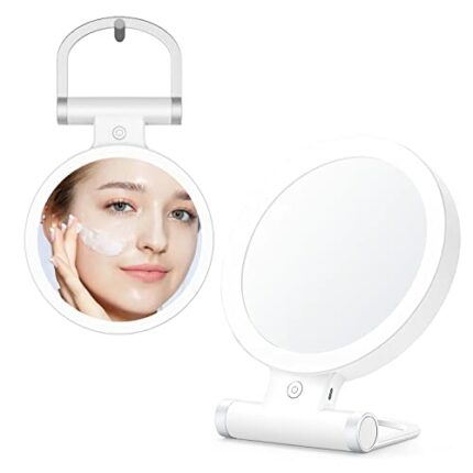 ULTRNICC Magnifying Makeup Mirror 10X/1X, Double Sided Travel Mirror with Lights 3 Color, Portable Vanity Mirror with Adjustable Folding Handle，R