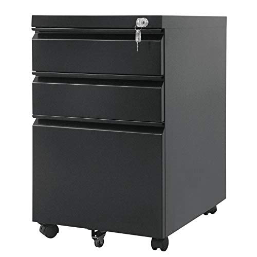 Maclean MC-850 Office Trolley Mobile Lockable Filing Cabinet 3 Drawers 39x64x50cm Matt Black