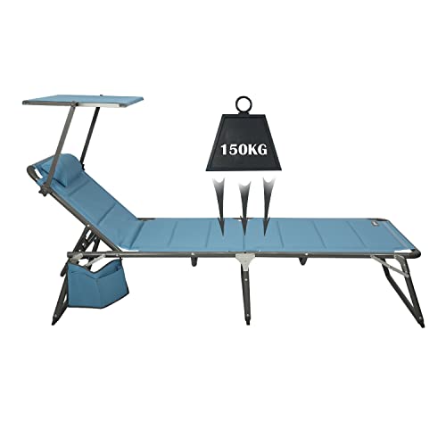 HOMECALL Aluminium Sun-Lounger with 2x1 Textilene Padding, Quick-Dry Foam, Pocket, and Sun Shade, XXL (200 x 70 cm) - Blue