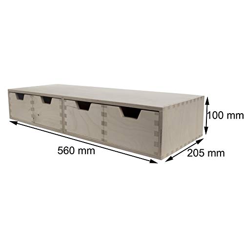 WooDeeDoo Horizontal Desk Organiser | 56 x 20 x 10 cm | Mini Wooden Chest 4 Drawers | Shallow Storage Cupboard Cabinet Unit Trinket Box | Unpaint
