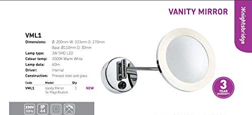Knightsbridge 230V IP44 3W LED Adjustable and illuminated Vanity Mirror, Chrome, 270mm