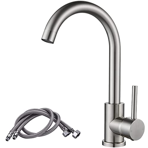 NewEast Kitchen Mixer Taps, Stainless Steel Single Lever Kitchen Monobloc Sink Tap with Swivel Spout and Hoses, Chrome Brass