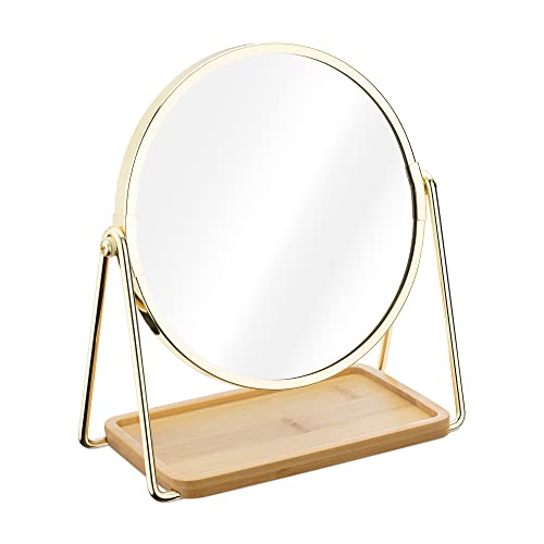 Navaris Tabletop Mirror with Tray - Double-Sided 1x/2x Magnifying Makeup Mirror with Bamboo Base - For Dressing Table, Bathroom, Bedroom - Black