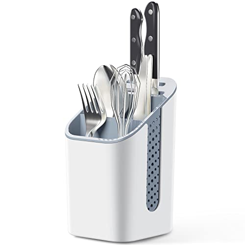 KINGRACK Cutlery Drainer and Sink Caddy, 4-Compartment Storage Organizer for Flatware, Forks, Knives, Spoons and Brushes, Compact Multi-Purpose S