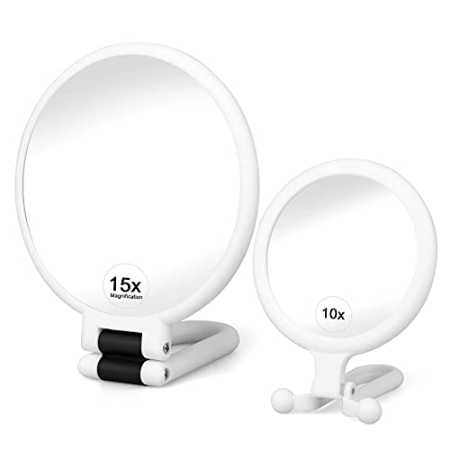 Linkstyle 2 Pieces Magnifying Makeup Mirrors, Hand Mirrors Double Sided with 1/10/15X Magnification, Beauty Vanity Mirror Travel Folding Portable