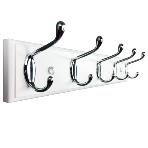 lomejii 5 Silver Hooks Wooden Wall Coat Rack, White 44 cm, Strong Hook Rack for Hanging Clothes, Hats, Backpacks, Great Modern Wardrobe for Entra