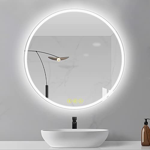 ICYWANG Bathroom Mirror with LED Lights Circular 50cm | Touch Sensor | Demister Pad | Wall-Mounted Vanity Illuminated Backlit Mirror Energy-Savin