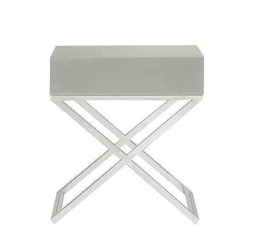 Iconic Home Ithaca Nightstand Side Table with Self Closing Drawer Lacquer X Base Nickel Finished Stainless Steel, Modern Contemporary, Grey