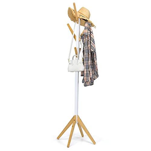 Tangkula Wooden Tree Coat Rack Freestanding, Entryway Coat Stand with 8 Hooks, Height Adjustable Coat Tree, Coat Hanger Stand for Home Office Hal