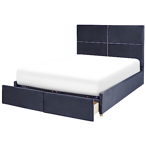 Velvet Bed Frame EU Double Size with Storage 4ft6 Black Slatted Base Vernoyes