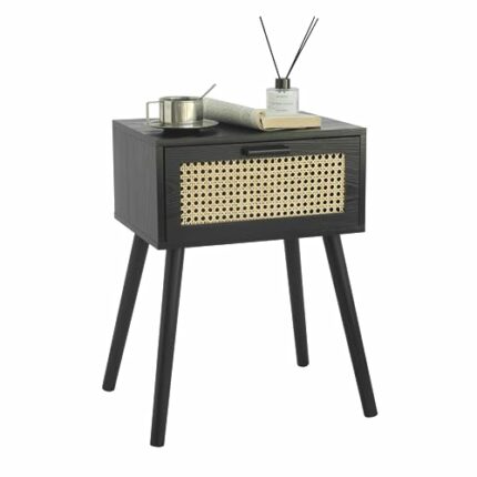 AWASEN Mid Century Modern Nightstand, Rattan Side Table with Drawer, Black Bedside Table with Storage and Solid Wood Legs for Living Room, Bedroo