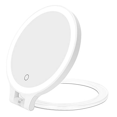 deweisn Magnifying Mirror 10X/1X,Double Sided Tabletop Mirror with Adjustable Folding Handle, Cosmetic Mirror with Lights for Makeup Travel,3 Col