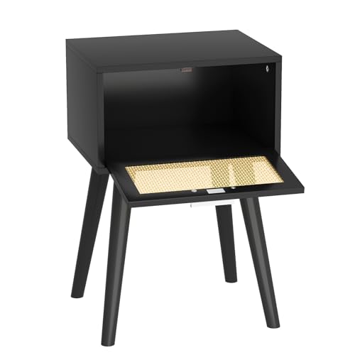 LAATOOREE Nightstand Set of 2, Small End Table with Rattan Door, Bedside Table with Solid Wood Feet, Boho Side Table for Bedroom Living Room Smal