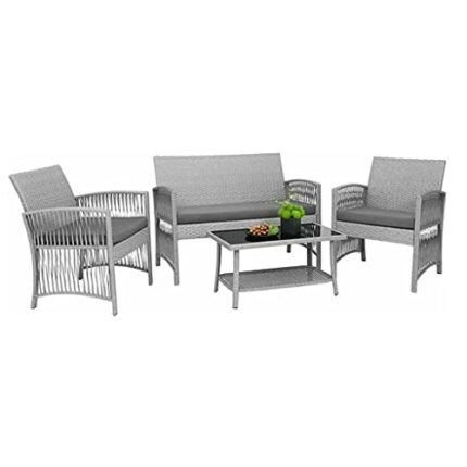 DLOETT 4pcs Garden Furniture Outdoor Garden Lounge Set with Cushions Glass Table Garden Patio Rattan Sofa Set
