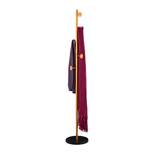 Relaxdays Coat Rack, with Marble Base, Standing Wardrobe with 5 Hooks, Hallway Storage, HxØ: 172 x 29 cm, Black/Gold