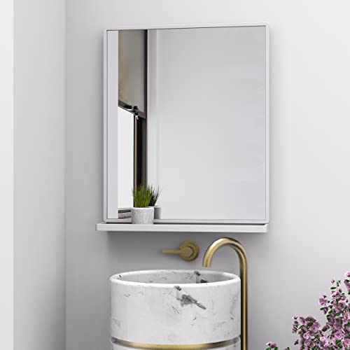WONSTART Bathroom Mirror with Shelf, White Rectangle Wall Mirror for Living Room Bedroom Entryway, Bathroom Mirrors for Wall, Hanging Mirror for