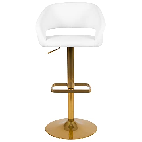 Flash Furniture Erik Comfortable & Stylish Contemporary Barstool with Rounded Mid-Back and Foot Rest, Adjustable Height - White Vinyl with Gold B