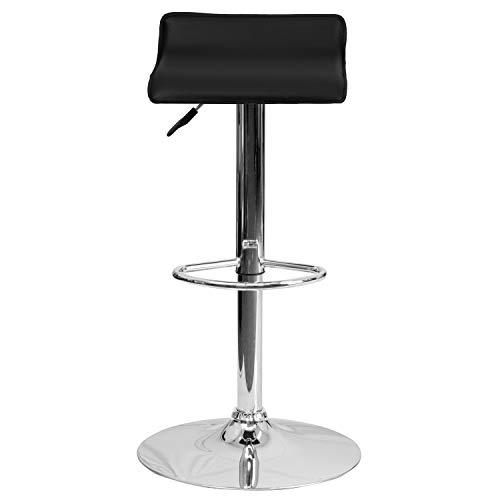 Flash Furniture 2 Pack Contemporary Vinyl Adjustable Height Barstool with Solid Wave Seat and Chrome Base, Fabric, Black, Set of 2