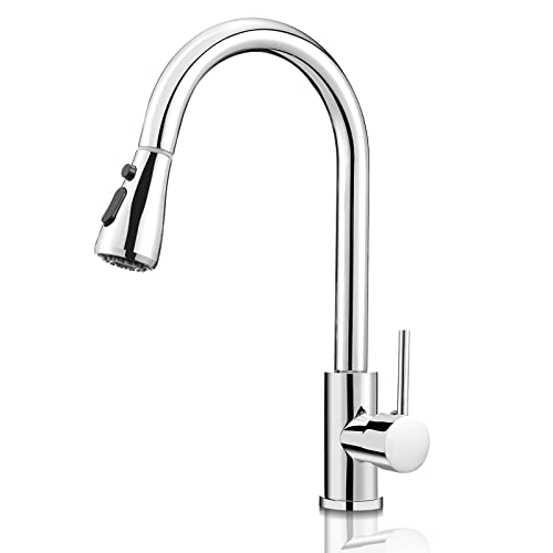 Pakuyi Kitchen Sink Taps 360° Swivel Kitchen Faucet Single Handle Single Lever High Arc Kitchen Mixer Tap with Pull Out Sprayer with 2 Modes Spra