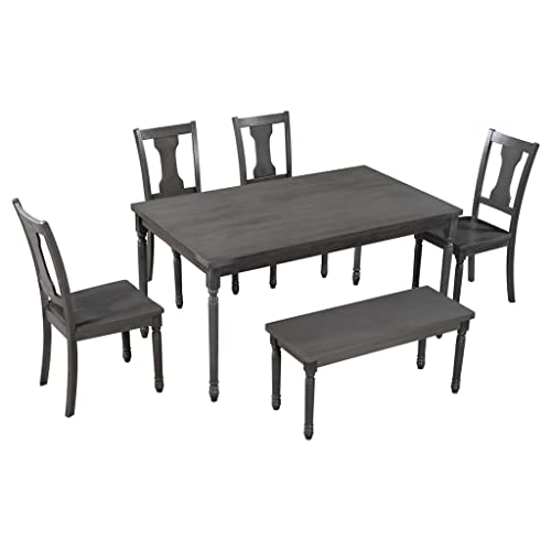 WALNUT 6 Piece Classic Dining Table 1 Wooden Table + 4 Chairs + 1 Kitchen Dining Bench Grey