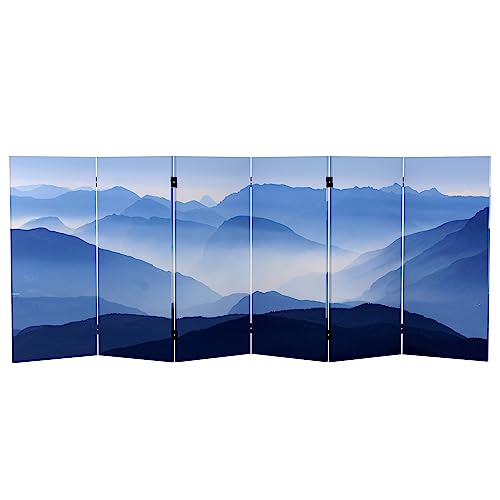 Red Lantern 3 ft. Short Double Sided Misty Mountain Canvas Folding Screen 6 Panel Freestanding Partition and Separator for Modern and Contemporar