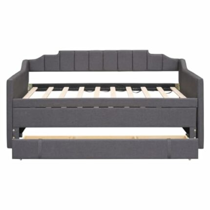 WALNUT Grey Twin Size Upholstered Daybed With Trundle And Three Drawers,for Indoor Living Room, Bedroom Furniture