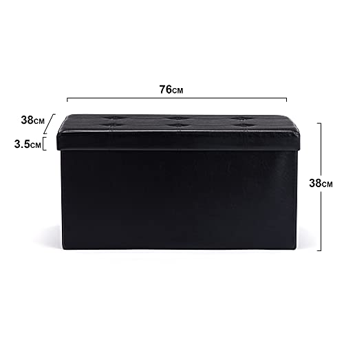 HNNHOME 76 x 38 x 38cm Folding Storage Ottoman Bench,Chest Toy Box, Padded Faux Leather Footstool Footrest with Lids (Meduim, Black)
