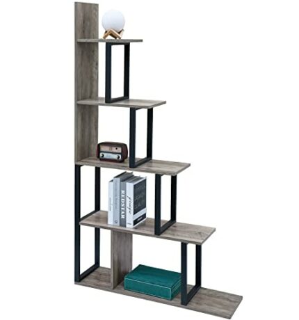 PADMA HOUSE Bookcase with 5 Shelves L Shape Freestanding Ladder Corner Bookcase Tiered Open Bookcase Multipurpose Storage Shelf (Premium Grey)