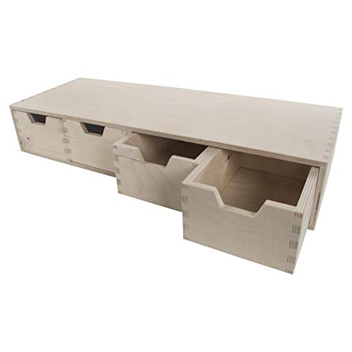 WooDeeDoo Horizontal Desk Organiser | 56 x 20 x 10 cm | Mini Wooden Chest 4 Drawers | Shallow Storage Cupboard Cabinet Unit Trinket Box | Unpaint