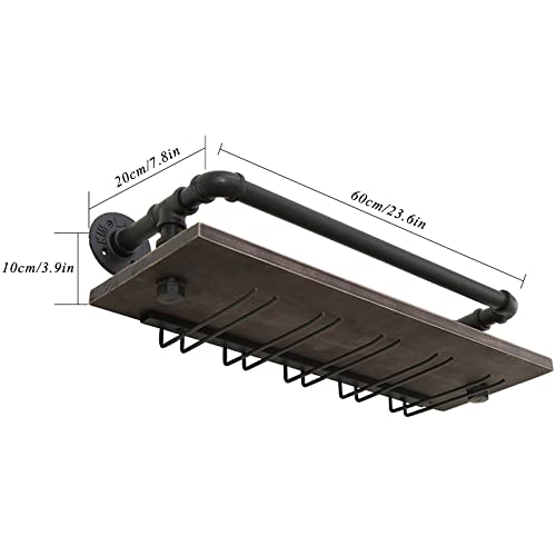 Industrial Wine Rack Wall Mounted with Wine Stemware Rack Vintage Rustic Wine Bottle Glass Holder - Holds 5 Glasses and 5 Wine Bottles - 23.6 * 7