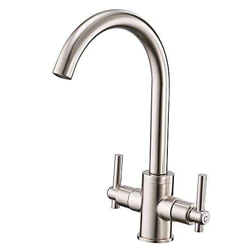 Heable Kitchen Mixer Tap Dual Lever Monobloc Swivel Spout Chrome Sink Taps Brass with UK Standard Fittings
