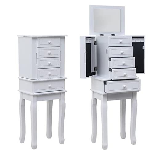 FGHOEV Standing Jewelry Armoire with, 5 Drawers & 14 Necklace Hooks, Jewelry Cabinet Chest with Removable Ring Storage Slot