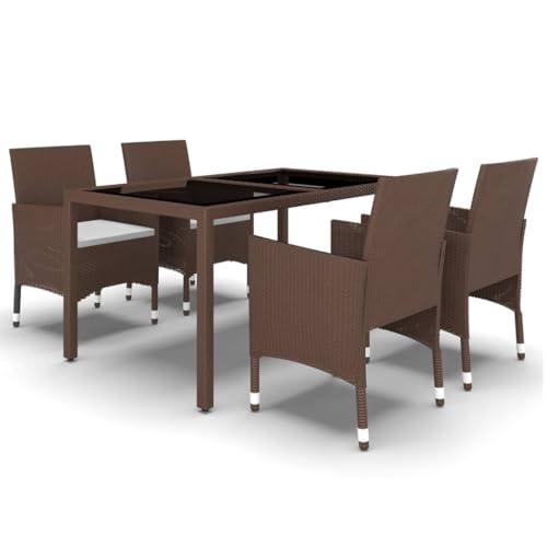 vidaXL Garden Dining Set 5 Piece Outdoor Furniture Table and Chair Armchair Lounge Seat Patio Dining Set Poly Rattan and Tempered Glass Brown