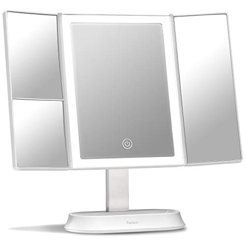 Fancii Large Makeup Mirror with Natural LED Lights, Lighted Trifold Vanity Mirror with 5x & 7x Magnifications - Dimmable Lights, Touch Screen, Co