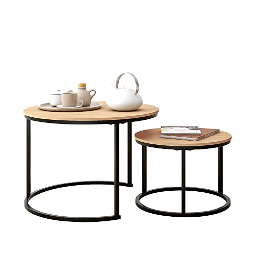 HOJINLINERO Black Round Coffee Table Set of 2 Side/ End Table for Living Room, Bedroom Decorations, Industrial Stacking Wood Look Accent Furnitur