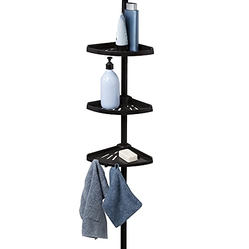 Compactor Adjustable Corner-Shelf for Shower, Extendable Pressure Mounting, Anti-Rust Steel and ABS Plastic, 20 x 20 x H.165 - 275 cm, Black, RAN